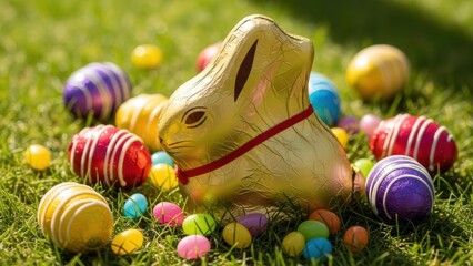 Golden chocolate easter bunny surrounded by colorful decorated eggs on lush green grass during springtime