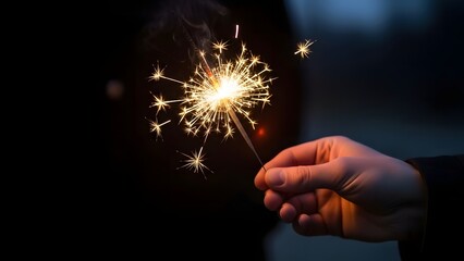 Close-up of a hand holding a sparkling sparkler against a dark background, celebrating the festive occasion