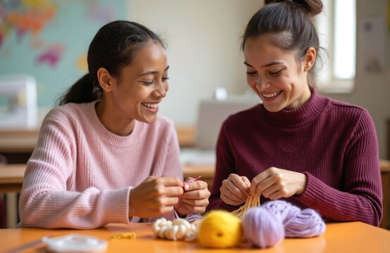 Two smiling girls work together on a craft project in a classroom setting. They appear happy focused. Collaborative activity focuses on inclusivity. It conveys joy connection and inclusion.