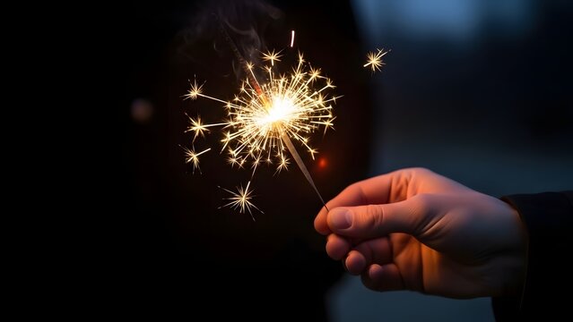 Close-up of a hand holding a sparkling sparkler against a dark background, celebrating the festive occasion