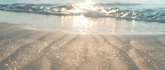 Close-up view of sunlit sand surface with soft glittering reflections. Minimal natural background with warm light and golden bokeh texture.