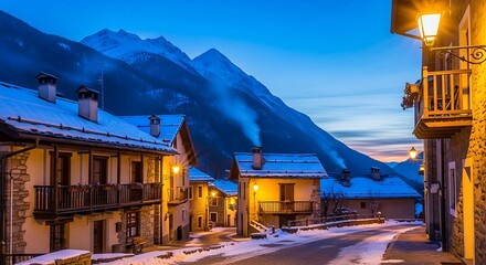 Snow Covered Alpine Village at Dusk with Majestic Mountains and Glowing Streetlights winter twilight