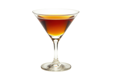 Elegant amber cocktail in a coupe glass isolated on transparent background. Martini isolated on white background.