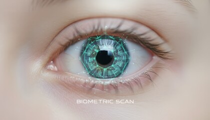 Human eye showing a digital overlay with a network connecting points for biometric identification and security, representing advanced technology in personal verification