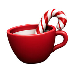 A vibrant red cup filled with a festive drink, topped with a striped candy cane for a cheerful holiday touch.