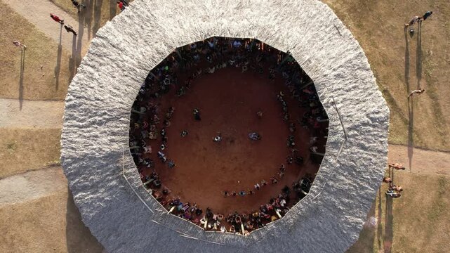 Multiethnic Village, a tourist event bringing together indigenous tribes from all over Brazil in Chapada dos Veadeiros, Goi&aacute;s, aerial view
