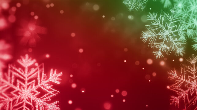 Colorful snowflakes float against vibrant red and green backdrop with sparkling lights. Festive setting evokes holiday spirit and joy. Concept for winter celebrations, Christmas events, decorations - Powered by Adobe