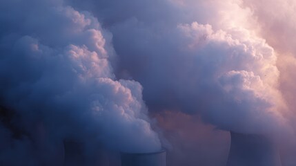 Obraz premium industrial coal power plant, aerial perspective, thick smoke plumes, polluted sky, warm sunset tones