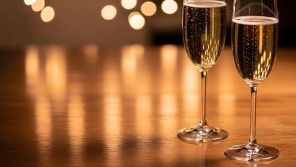 Two champagne glasses filled with golden bubbly liquid with bokeh lights in the background, perfect for celebrations and festive occasions