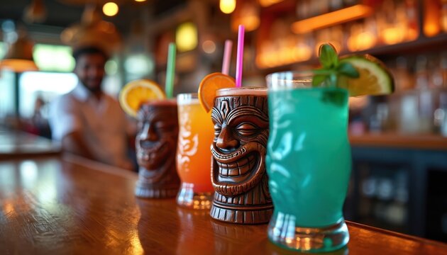 Vibrant tiki cocktails in colorful mugs on a wooden bar. Cheerful bartender serves exotic drinks in festive atmosphere. Tiki mugs with faces hold colorful cocktails with straws and fruit slices. - Powered by Adobe