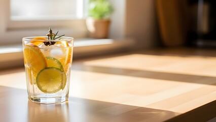 Refreshing citrus and rosemary infused gin and tonic garnished with orange, lime, and spices in a clear glass