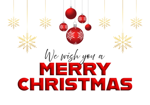 Red inflate text merry christmas wishes with hanging balls and snowflakes design element