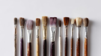 Fototapeta premium set of paint brushes, various sizes and shapes, used and dirty, art supplies, arranged in a row on white background