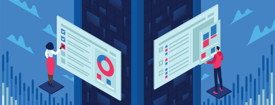 A questionnaire marketing survey isometric vector illustration with people and dashboard.