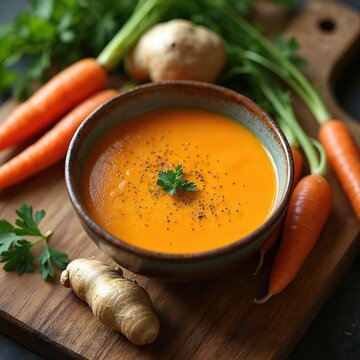 Creamy carrot soup in bowl garnished with parsley and pepper. Fresh carrots ginger parsley on wooden board ready for cooking healthy meal. Delicious vegan food preparation.