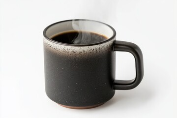 Black coffee mug with white and black speckled design on a wooden table background