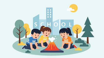 Students performing simple science experiment outdoors with excitement. Ideal for STEM learning, playful discovery, and hands-on outdoor education activities.