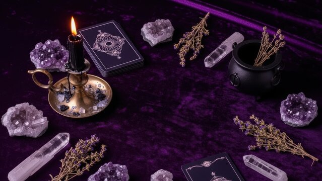 Mystical arrangement of crystals herbs and a cauldron for witchcraft and pagan rituals