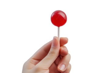 Hand holding a red lollipop isolated on transparent background. One hand holding lollipop candy on isolated on white background.