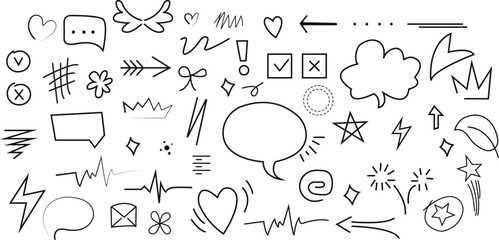 Hand drawn doodle elements collection with arrows hearts and speech bubbles