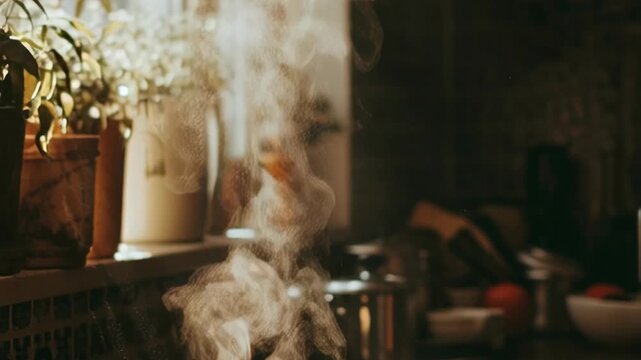 Warm and comforting steam rises from a delicious meal, suggesting a cozy kitchen scene