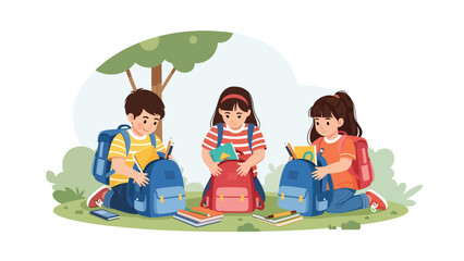 Kids packing backpacks outside after recess. Ideal for school routine visuals, student responsibility themes, and outdoor learning lifestyle concepts.