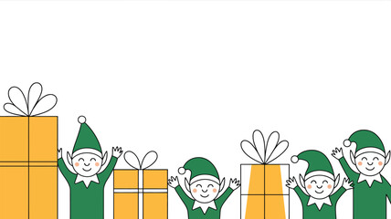 Illustration of christmas elves with green suits and hats standing with yellow gift boxes on white background
