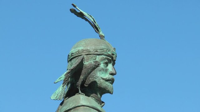 MONGOLIA, ULAANBAATAR - August 29, 2013: A monument to the famous traveler and merchant Marco Polo on one of the streets of Ulaanbaatar