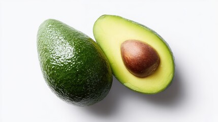 whole and halved avocado, fresh and juicy, clean white background, realistic texture, clipping path