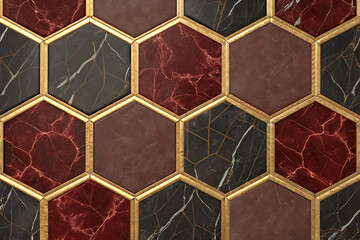 Close up of geometric pattern with hexagon shapes in red brown and black with gold trim details 3d wallpaper home decoration custom 3d photo wallpaper panaflex design for wall hd background