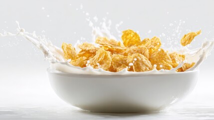 crispy corn flakes hit by milk splash, pure white background, sharp edges, commercial food photography