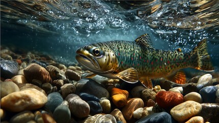 Trout swimming in clear mountain river scene