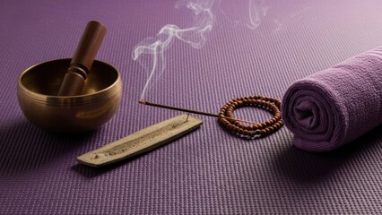 Serene spa setting with singing bowl incense stick and rolled towel on purple textured background