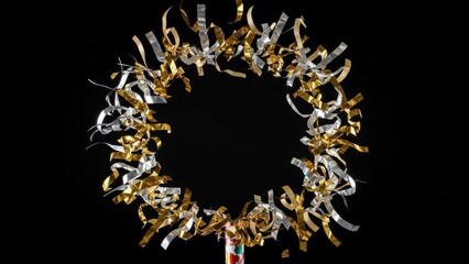 Shiny metallic gold and silver streamers forming a festive circle against a dark background