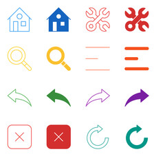 Flat Colored Basic Navigation Icon Set in Outline and Solid Style for Essential UI Controls