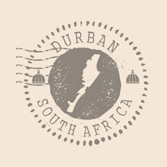 Stamp Postal Durban is a city of South Africa. Map Silhouette rubber Seal.  Design Retro Travel. Seal  Map Durban grunge  for your design. South Africa.  EPS10