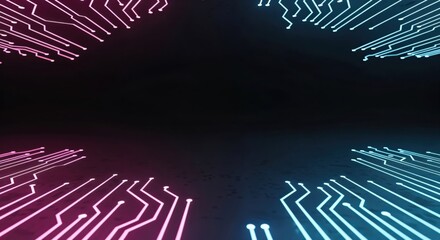 Futuristic glowing circuit board patterns in vibrant pink and blue on a dark background, representing digital technology and data flow