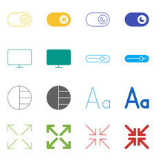 Flat Colored Display Mode Icon Set in Outline and Solid Style for Screen Settings and Accessibility