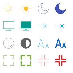 Flat Colored Display Mode Icon Set in Outline and Solid Style for Screen Settings and Accessibility