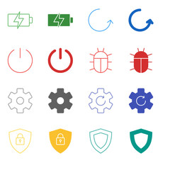 Flat Colored System Utility Icon Set in Outline and Solid Style for Device Status and Security Management