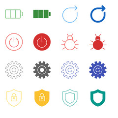 Flat Colored System Utility Icon Set in Outline and Solid Style for Device Status and Security Management