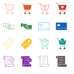 Flat Colored E-commerce and Payment Icon Set in Outline and Solid Style for Shopping and Financial Transactions