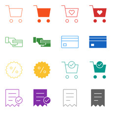 Flat Colored E-commerce and Payment Icon Set in Outline and Solid Style for Shopping and Financial Transactions