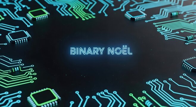 Binary Noël Glowing Text on Dark Background with Circuit Board Pattern and Microchips, Digital Christmas Concept