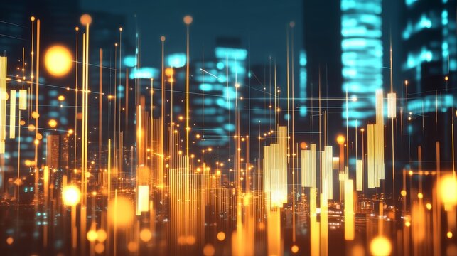 A vivid and vibrant city skyline that showcases digital graphs symbolizing rising data trends and analytics