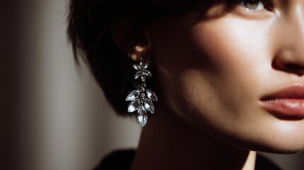 Obraz premium close-up of model wearing fashionable earrings, beauty and style concept, high-detail accessory showcase