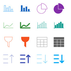 Flat Colored Chart and Table Icon Set in Outline and Solid Style for Data Analysis and Organization