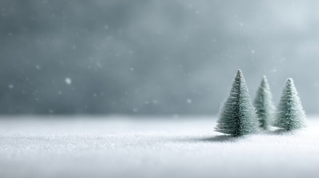 stylish miniature Christmas trees on white snow, minimalist festive scene, Merry Christmas and Happy Holidays, snowy background - Powered by Adobe