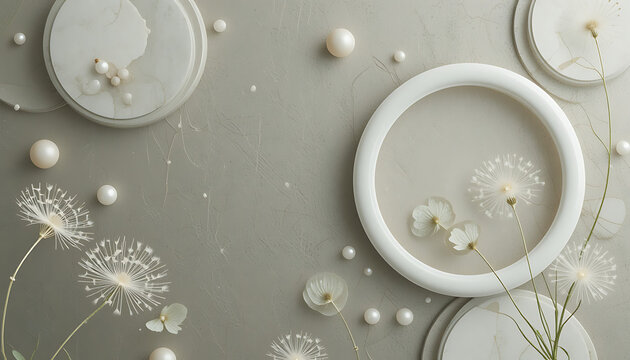 Elegant composition of white circles, dandelions and pearls on a gray background surface art 3d wallpaper home decoration custom 3d photo wallpaper panaflex design for wall hd background