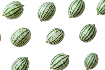 Mini watermelons arranged in a grid pattern isolated on transparent background. Pepino melons isolated on white background.